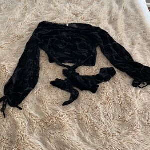 Free people, velvet long sleeve crop top with waist ribbon tie